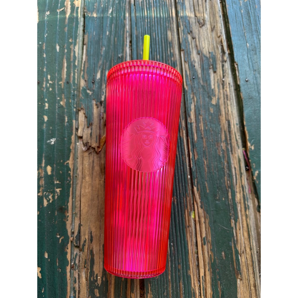 Starbucks Neon Pink Pleated Venti Tumbler 24oz Cold Cup Lime Green Straw
